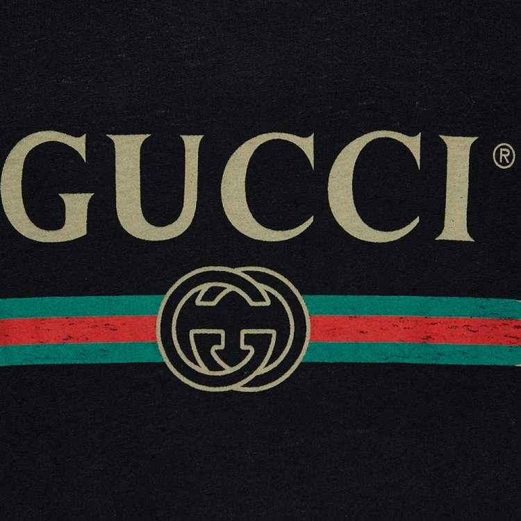 Pre Owned Gucci Black Logo Print Washed Cotton Distressed Effect Oversized T-Shirt S