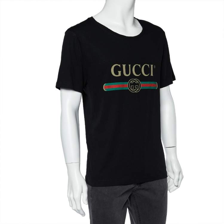 Pre Owned Gucci Black Logo Print Washed Cotton Distressed Effect Oversized T-Shirt S