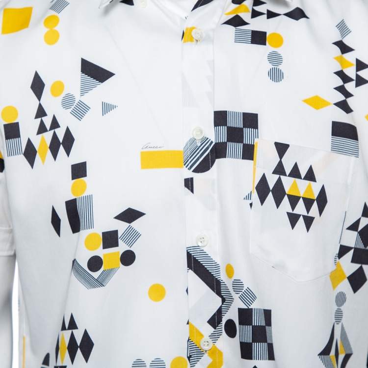 Pre Owned Gucci White Geometric Print Cotton Button Front Short Sleeve Shirt L
