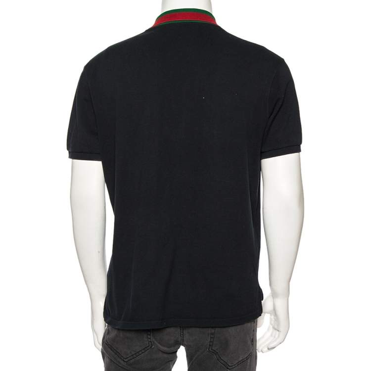 Pre Owned Gucci Black Cotton Pique Web Collar Detail Polo T-Shirt XL