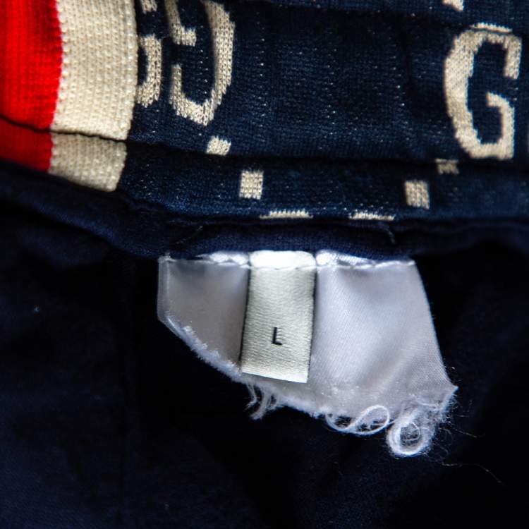 Pre Owned Gucci Navy Blue GG Jacquard Jersey Web Stripe Trim Detail Shorts L