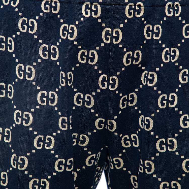 Pre Owned Gucci Navy Blue GG Jacquard Jersey Web Stripe Trim Detail Shorts L
