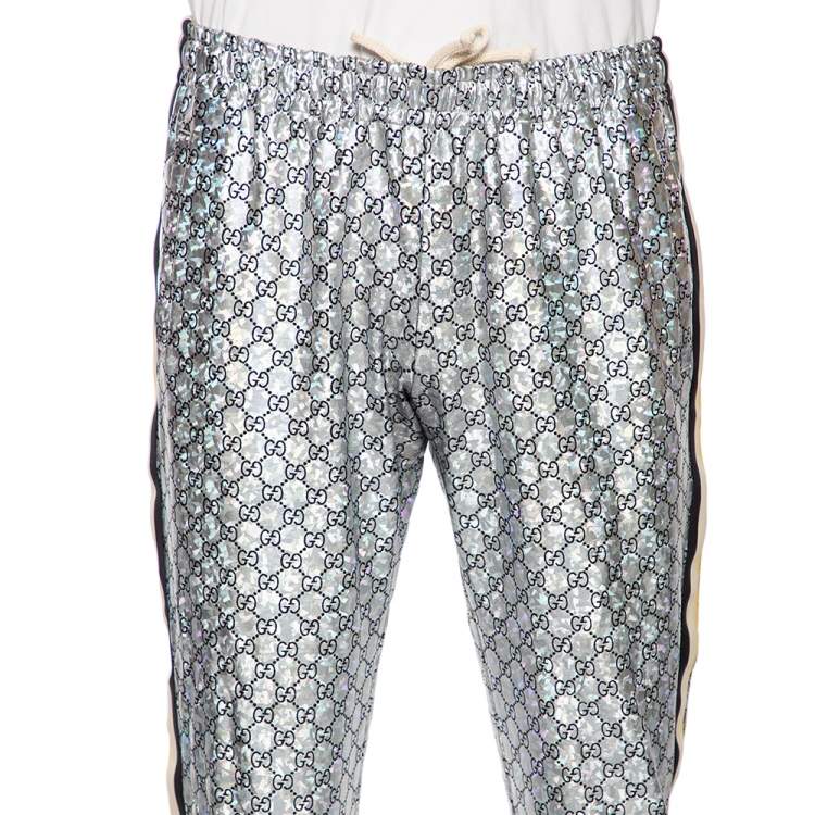 Pre Owned Gucci Laminated Sparkling Monogram Jersey Web Stripe Trim Detail Joggers L