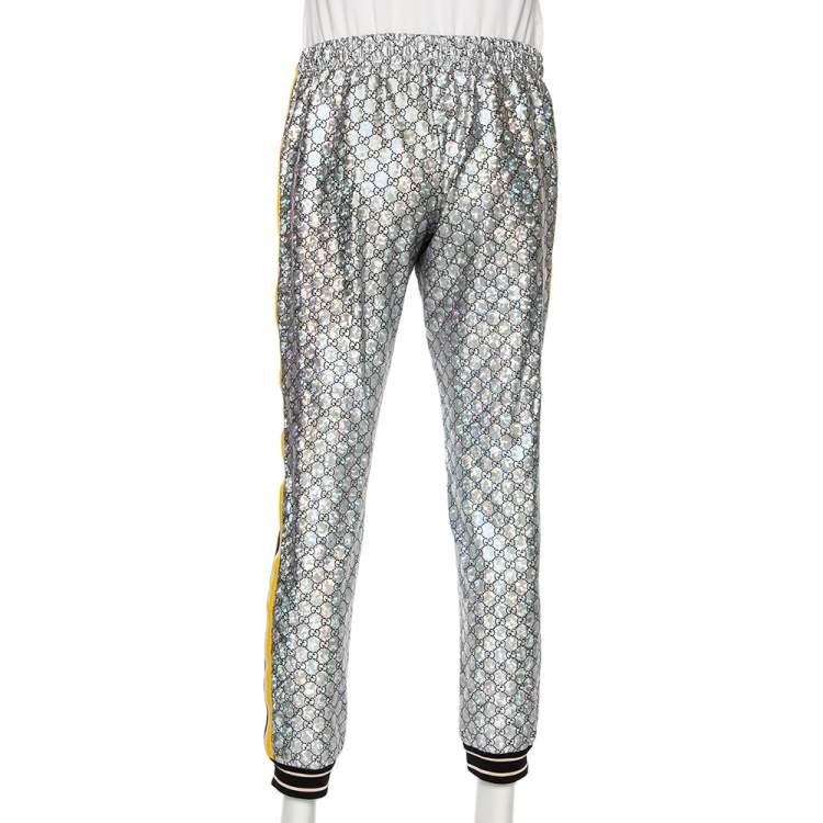 Pre Owned Gucci Laminated Sparkling Monogram Jersey Web Stripe Trim Detail Joggers L