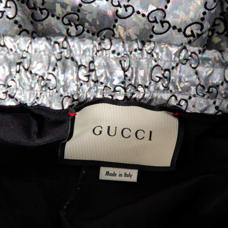 Pre Owned Gucci Laminated Sparkling Monogram Jersey Web Stripe Trim Detail Joggers L