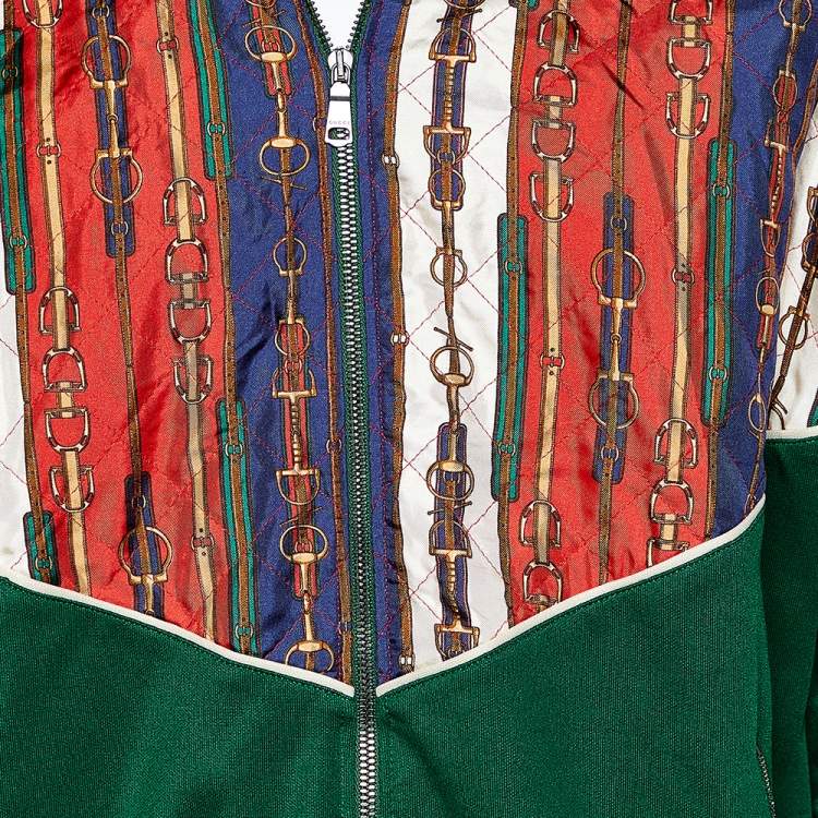 Pre Owned Gucci Green Belt Printed Silk & Jersey Technical Jacket L