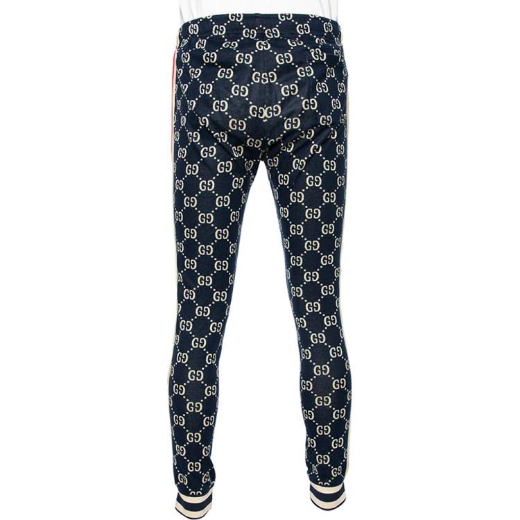 Pre Owned Gucci Navy Blue Logo Jacquard Side Stripe Detail Joggers M