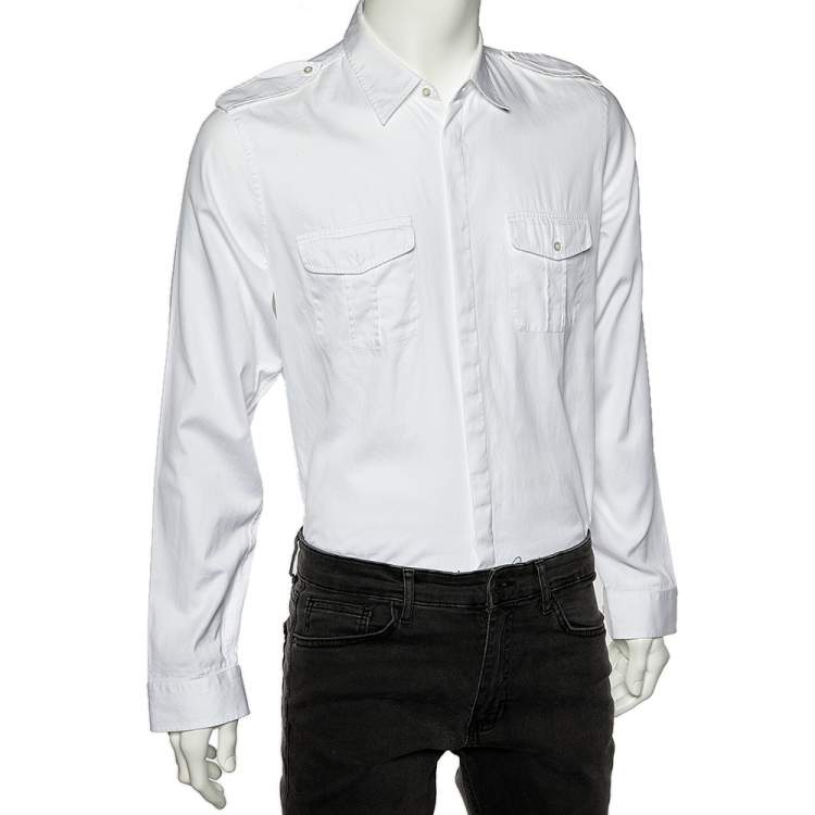 Pre Owned Gucci White Cotton Contrast Trim Button Front Skinny Shirt L