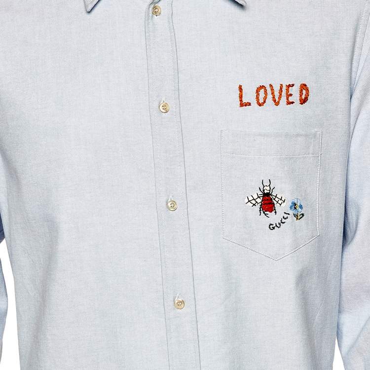 Pre Owned Gucci Blue Cotton Embroidered Pocket Detail Button Front Shirt XXL