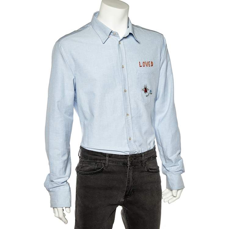 Pre Owned Gucci Blue Cotton Embroidered Pocket Detail Button Front Shirt XXL