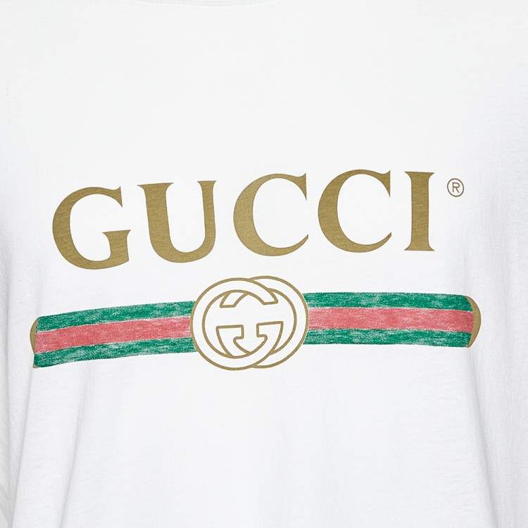 Pre Owned Gucci White Washed Logo Printed Cotton Distressed T-Shirt M