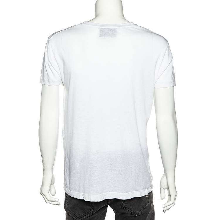 Pre Owned Gucci White Washed Logo Printed Cotton Distressed T-Shirt M