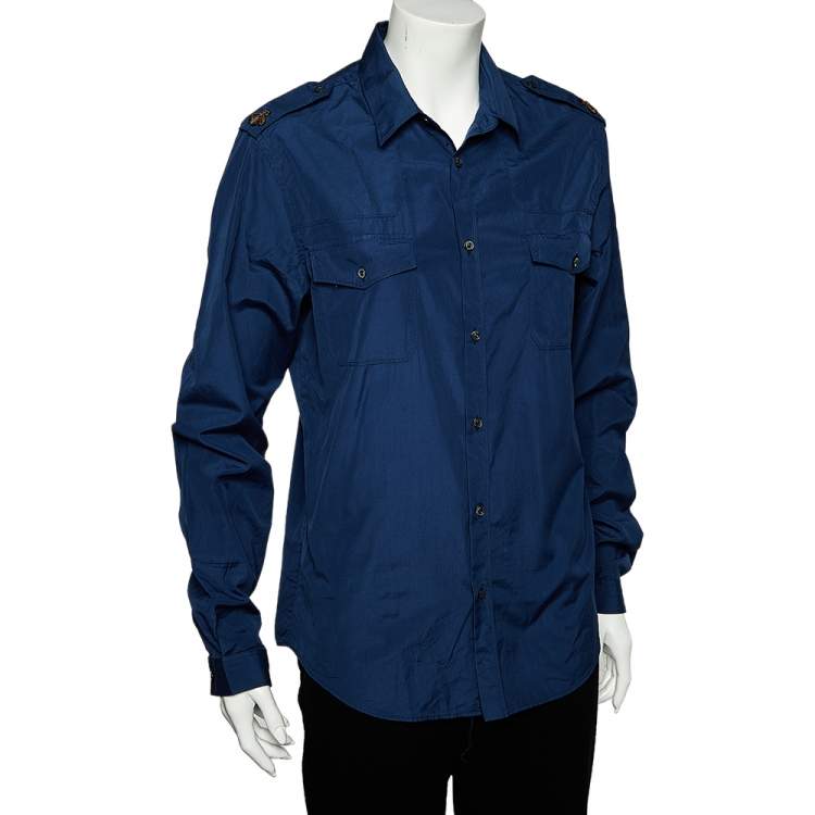 Pre Owned Gucci Navy Blue Cotton Bee Applique Detail Duke Shirt M