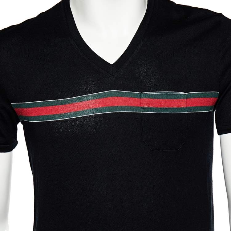 Pre Owned Gucci Black Cotton  Web Stripe Detail V-Neck T-Shirt M