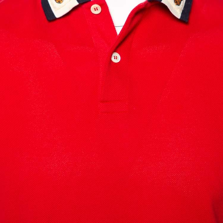 Pre Owned Gucci Red Cotton Pique Web Stripe & Feline Applique Detailed Collar Polo T-Shirt M