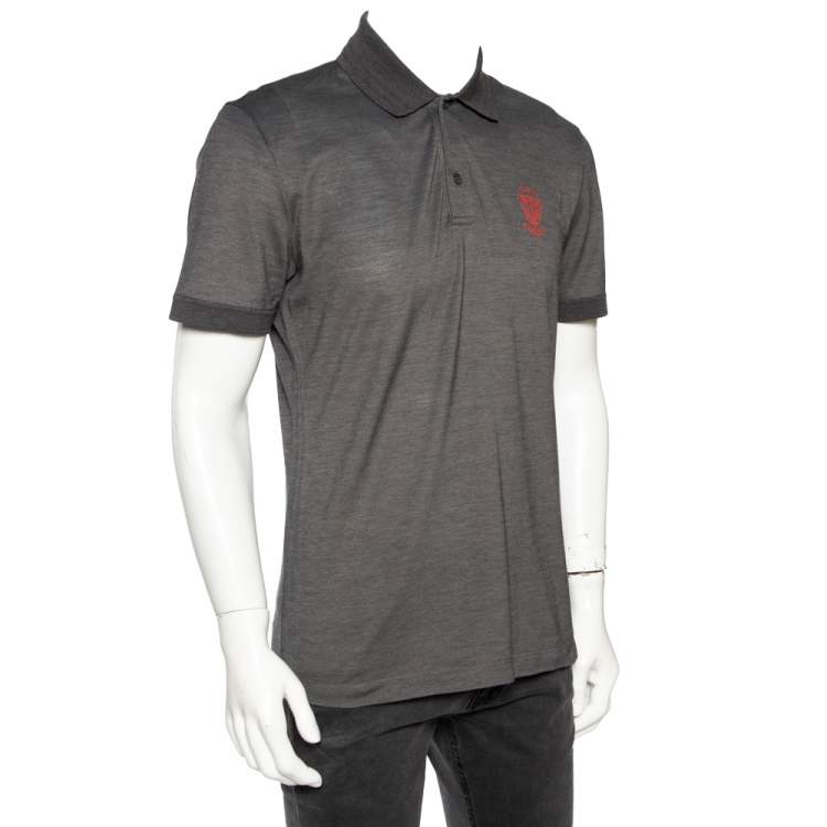 Pre Owned Gucci Grey Cotton Pique Logo Crest Printed Polo T-Shirt L