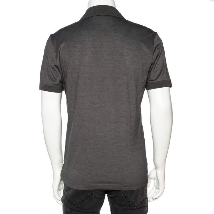 Pre Owned Gucci Grey Cotton Pique Logo Crest Printed Polo T-Shirt L