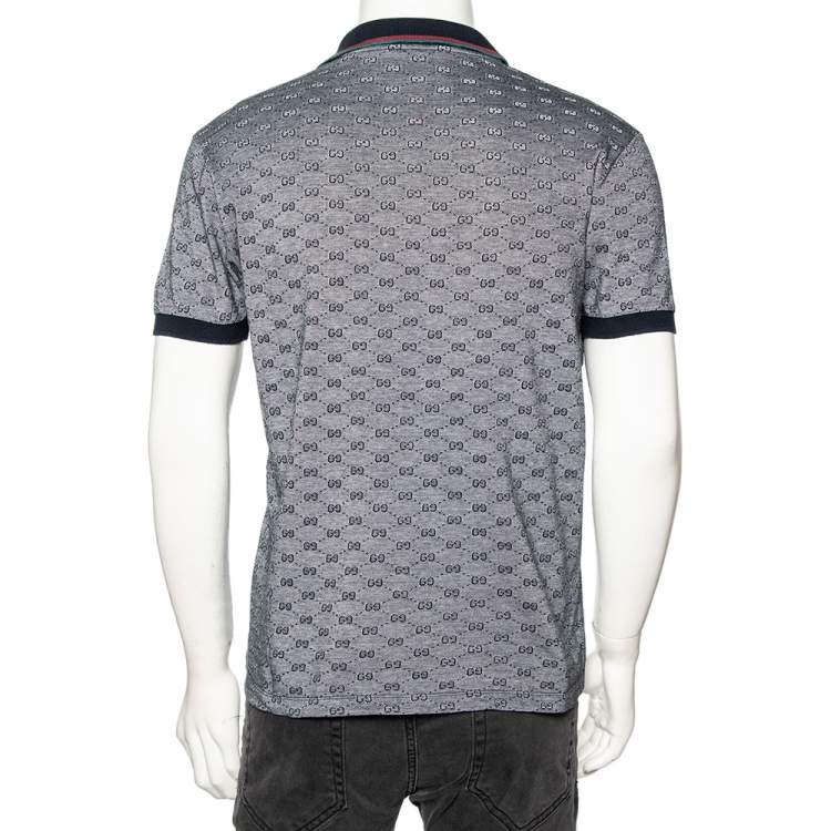 Pre Owned Gucci Navy Blue and White Monogram Jacquard Knit Polo T-Shirt XL
