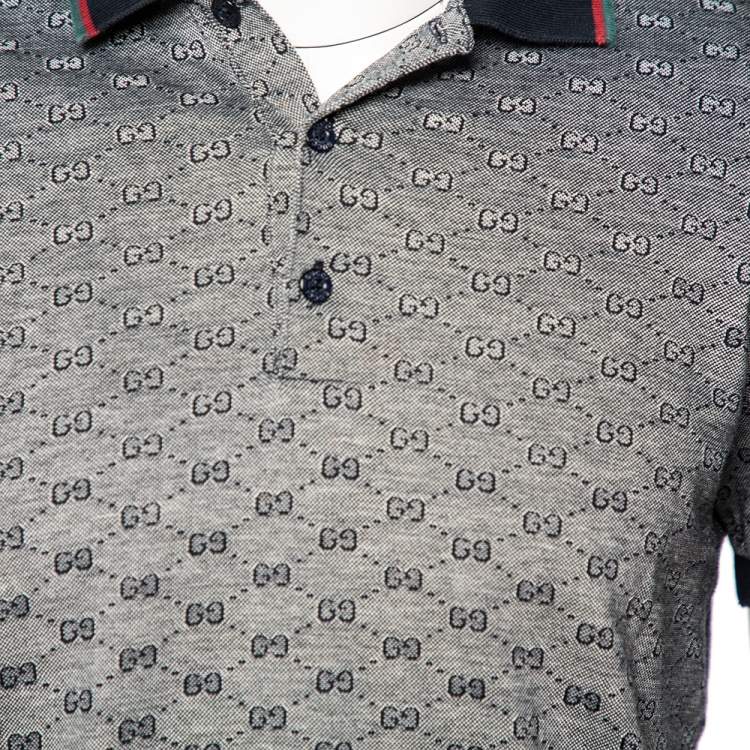 Pre Owned Gucci Navy Blue and White Monogram Jacquard Knit Polo T-Shirt XL