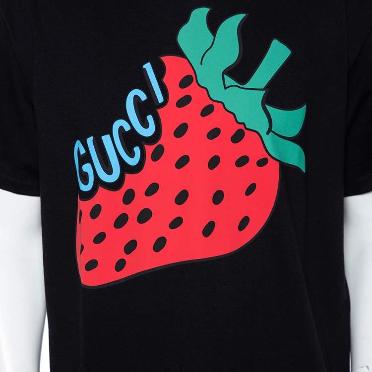 Pre Owned Gucci Black Cotton Strawberry Printed Oversized Crewneck T-Shirt S