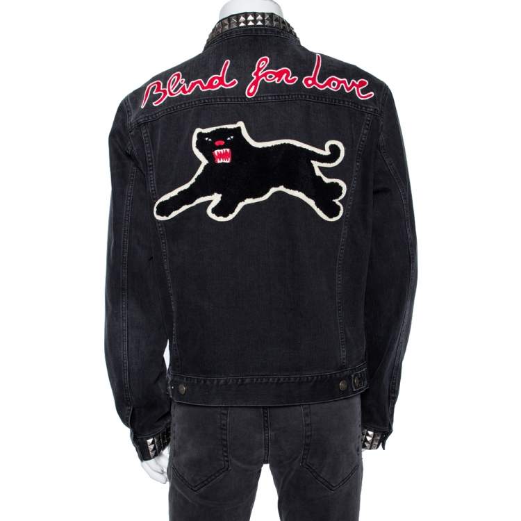 Pre Owned Gucci Grey Blind For Love Rock Studded Denim Jacket XXL