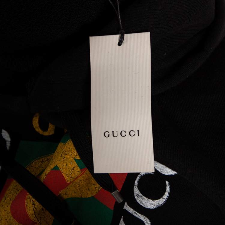 Pre Owned Gucci Black Distressed Logo Printed Cotton Hoodie M