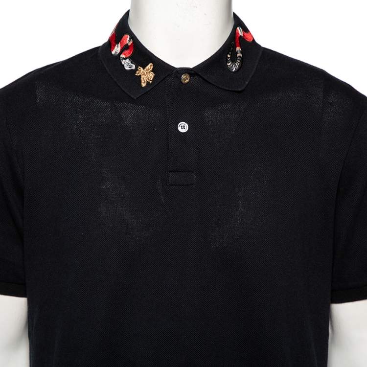 Pre Owned Gucci Black Stretch Cotton Snake Embroidered Collar Polo T-Shirt XXXL