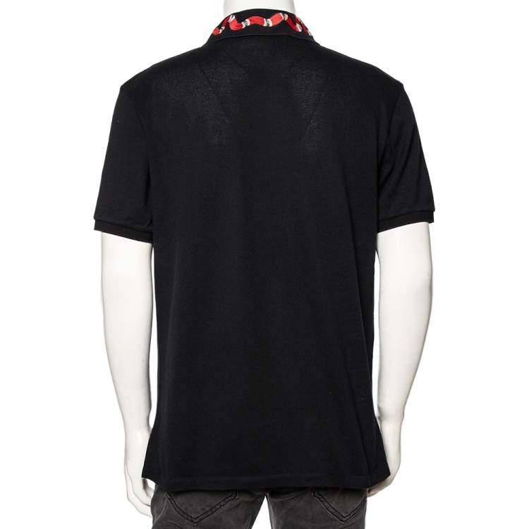 Pre Owned Gucci Black Stretch Cotton Snake Embroidered Collar Polo T-Shirt XXXL