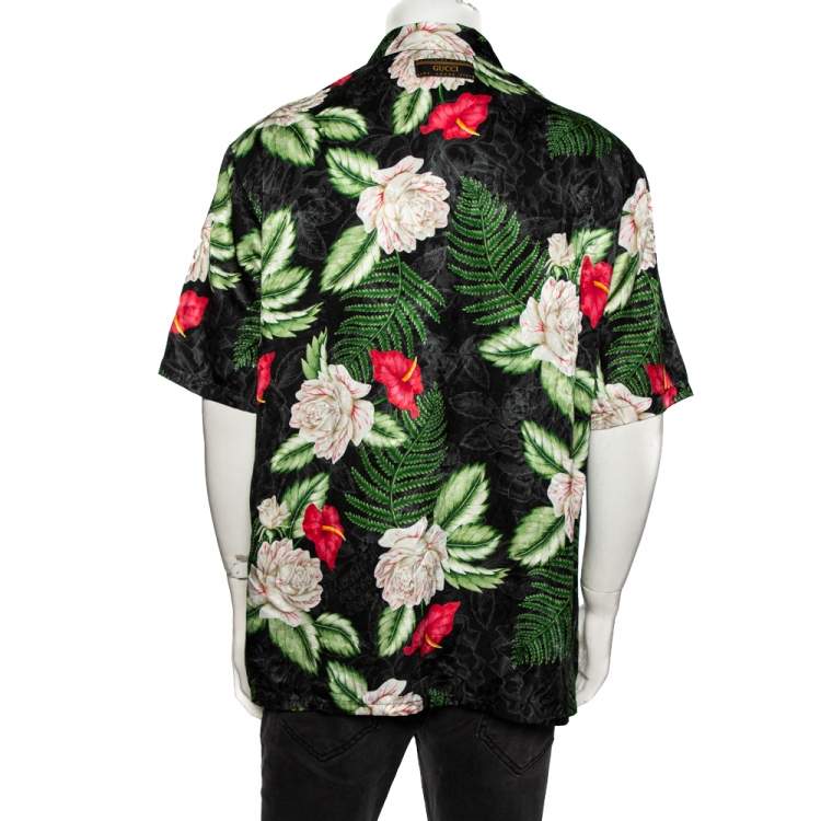 Pre Owned Gucci Black & Green Leaf Print Silk Button Front Short Sleeve Shirt XL