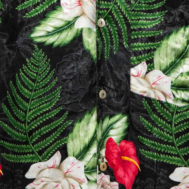 Pre Owned Gucci Black & Green Leaf Print Silk Button Front Short Sleeve Shirt XL