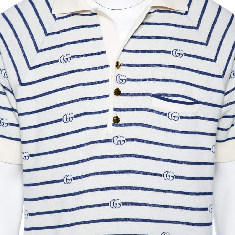 Pre Owned Gucci Cream & Blue GG Striped Knit Pocket Detailed Short Sleeve Polo T Shirt XL