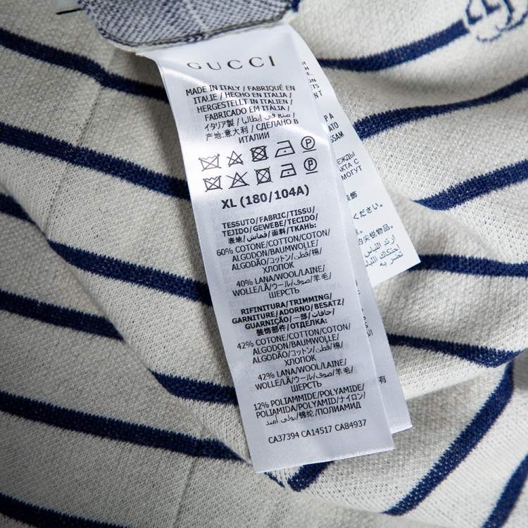 Pre Owned Gucci Cream & Blue GG Striped Knit Pocket Detailed Short Sleeve Polo T Shirt XL