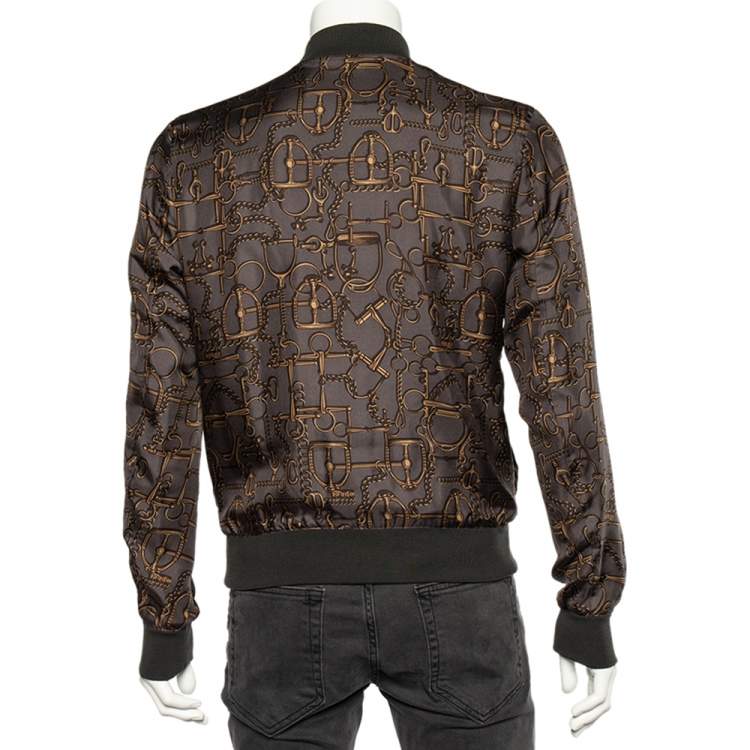 Pre Owned Gucci Grey Horsebit Printed Silk Rib Knit Trimmed Detailed Bomber Jacket XXXS