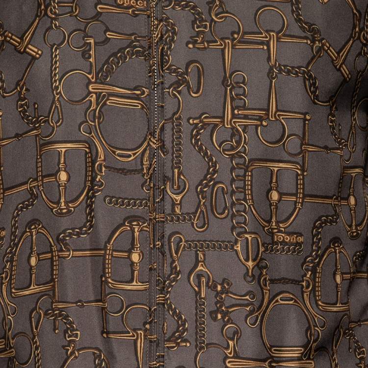 Pre Owned Gucci Grey Horsebit Printed Silk Rib Knit Trimmed Detailed Bomber Jacket XXXS