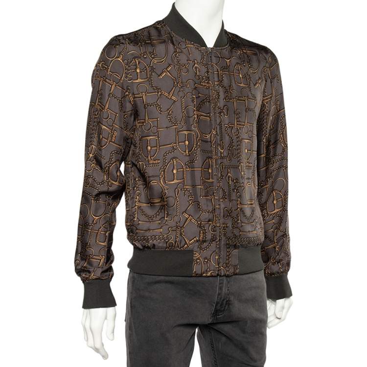 Pre Owned Gucci Grey Horsebit Printed Silk Rib Knit Trimmed Detailed Bomber Jacket XXXS