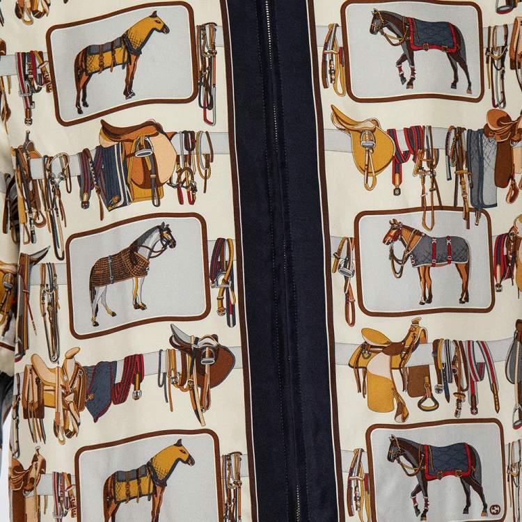 مملوكة مسبقًا Gucci Ivory Horse Frame Print Silk Bomber Jacket XS