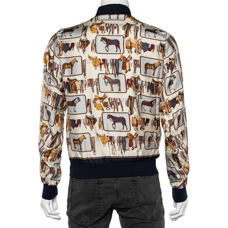 مملوكة مسبقًا Gucci Ivory Horse Frame Print Silk Bomber Jacket XS