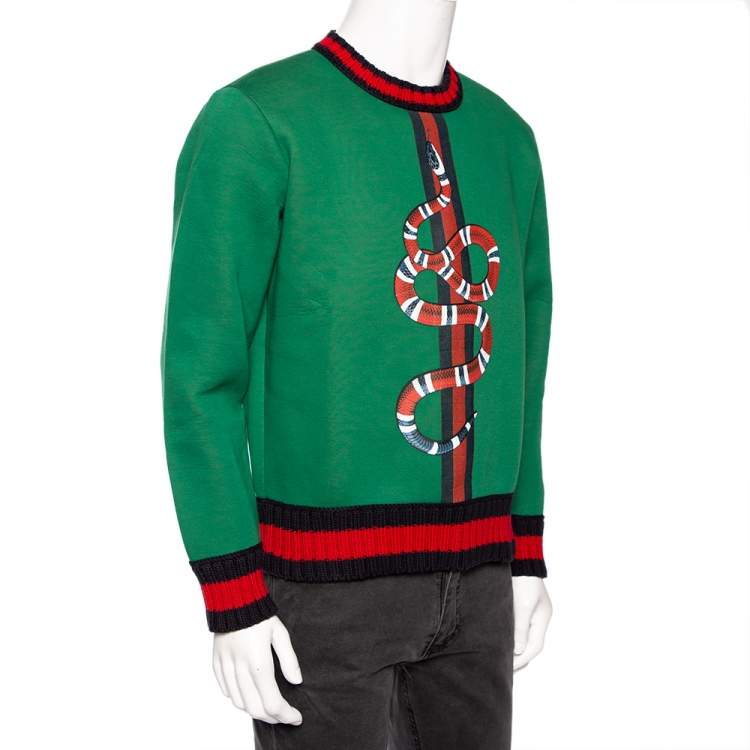 Gucci Green Neoprene Snake Print Contrast Knit Trim Sweater M Gucci