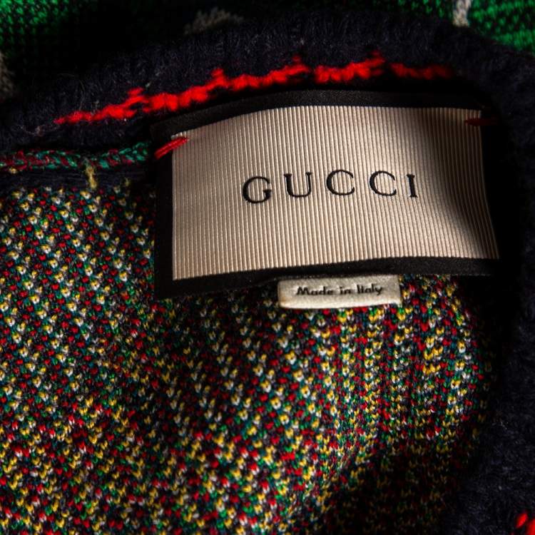 Pre Owned Gucci Green Wool Jacquard Contrast Trim Crewneck Sweater L