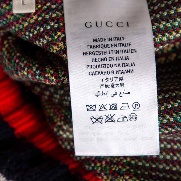 Pre Owned Gucci Green Wool Jacquard Contrast Trim Crewneck Sweater L