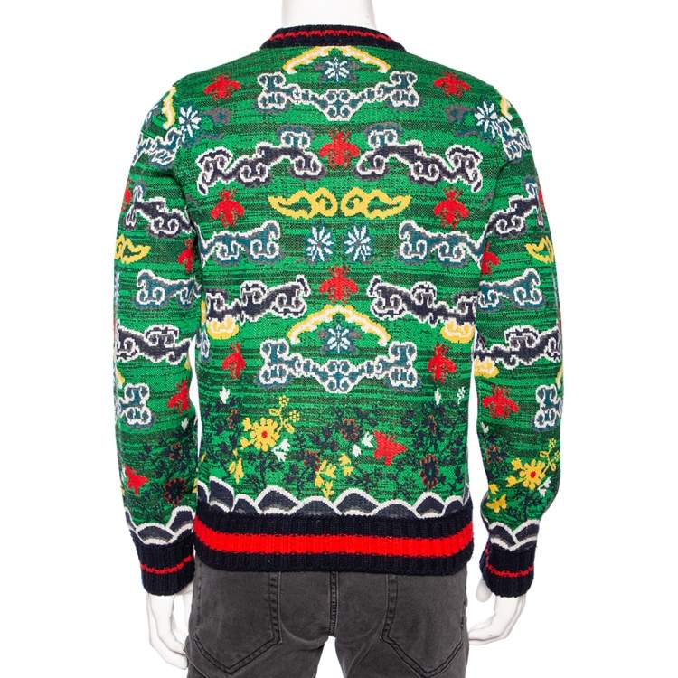 Pre Owned Gucci Green Wool Jacquard Contrast Trim Crewneck Sweater L