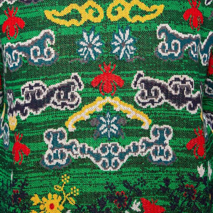 Pre Owned Gucci Green Wool Jacquard Contrast Trim Crewneck Sweater L