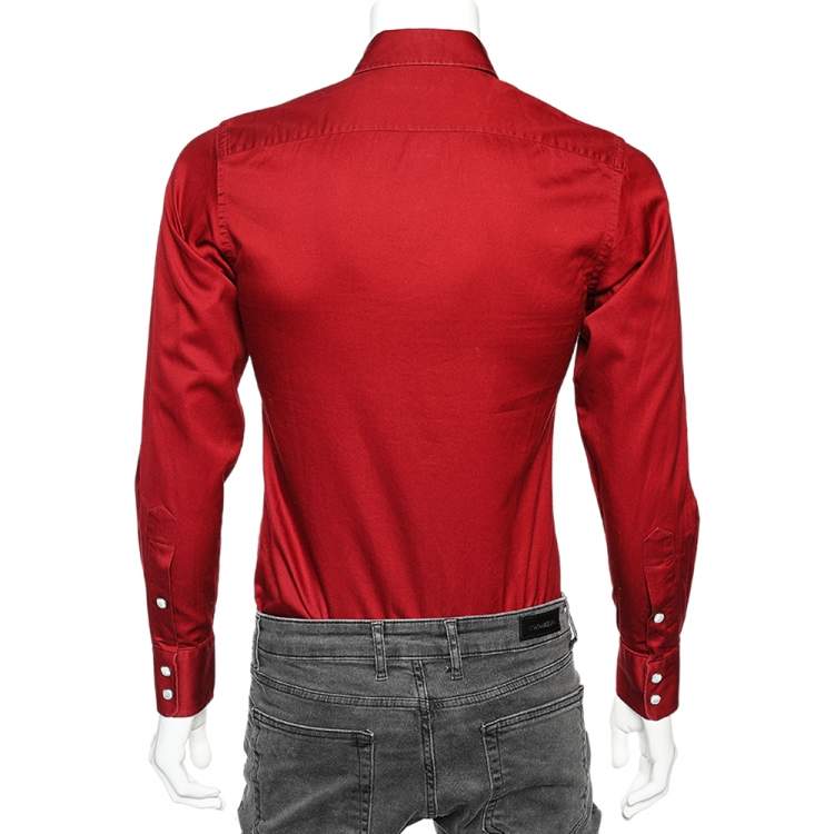 Pre Owned Gucci Red Cotton Pocket Detail Long Sleeve Shirt S