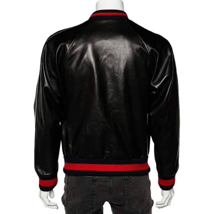 Pre Owned Gucci Black Leather DIY Letter Applique Bomber Jacket M