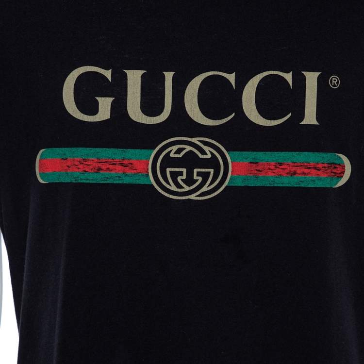 Pre Owned Gucci Black Logo Printed Cotton Short Sleeve T-Shirt M