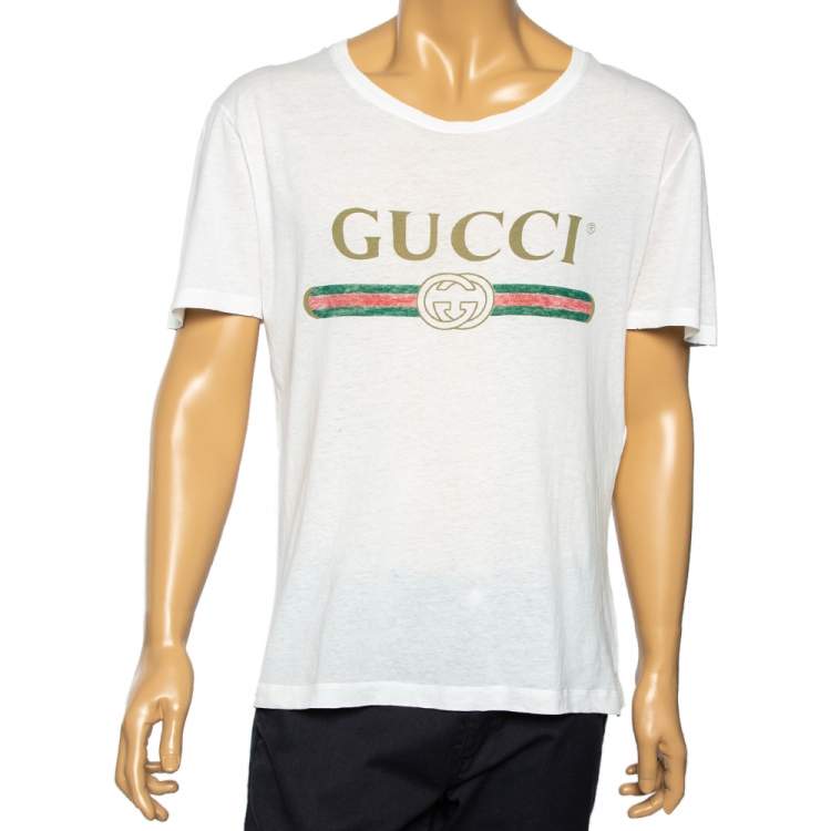 Pre Owned Gucci White Logo Printed Cotton Distressed Short Sleeve T-Shirt S