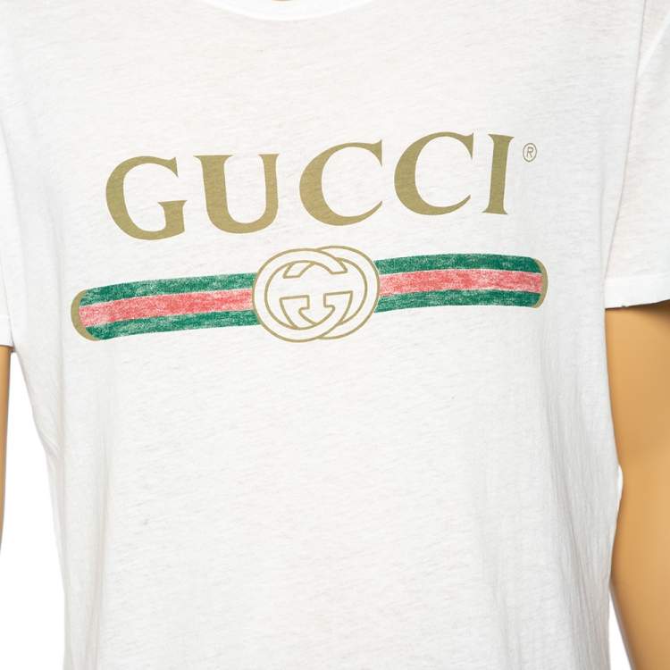 Pre Owned Gucci White Logo Printed Cotton Distressed Short Sleeve T-Shirt S