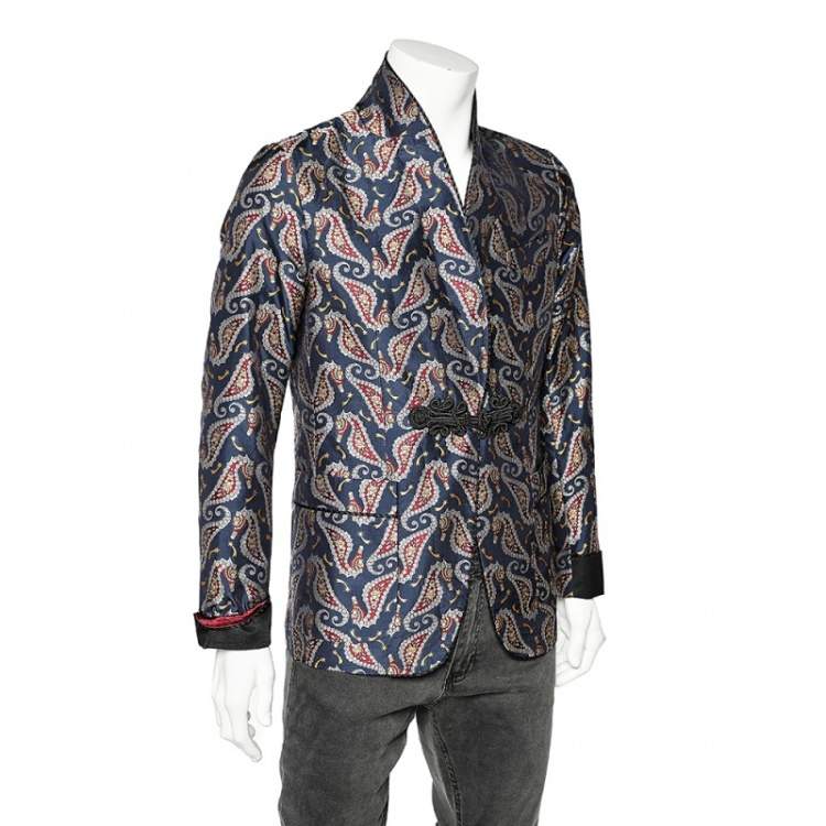 Pre Owned Gucci Navy Blue Seahorse Jacquard Evening Blazer M