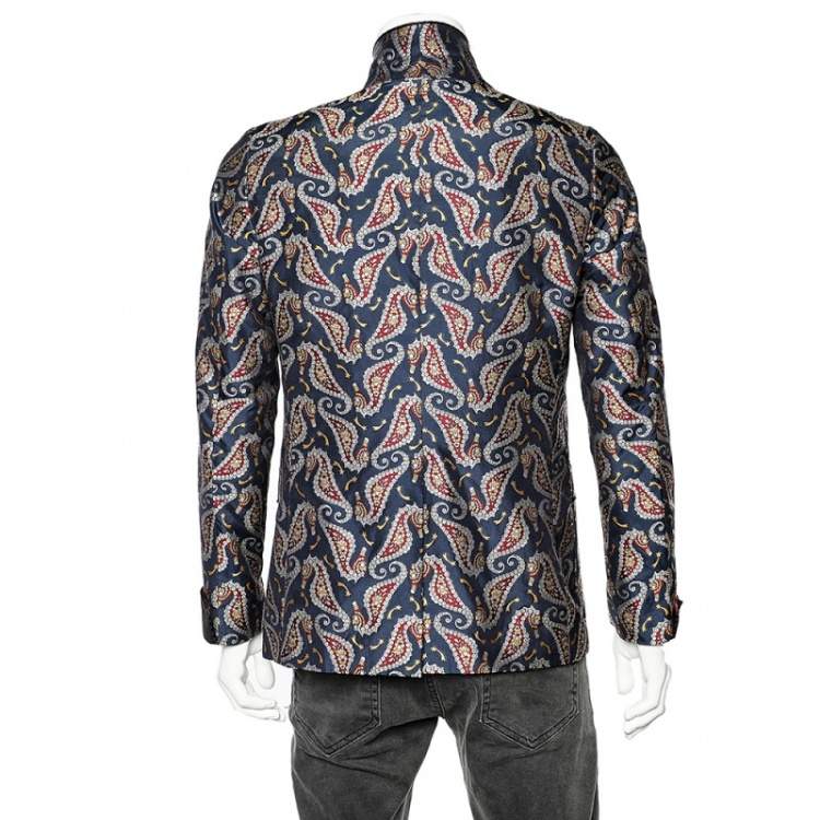 Pre Owned Gucci Navy Blue Seahorse Jacquard Evening Blazer M