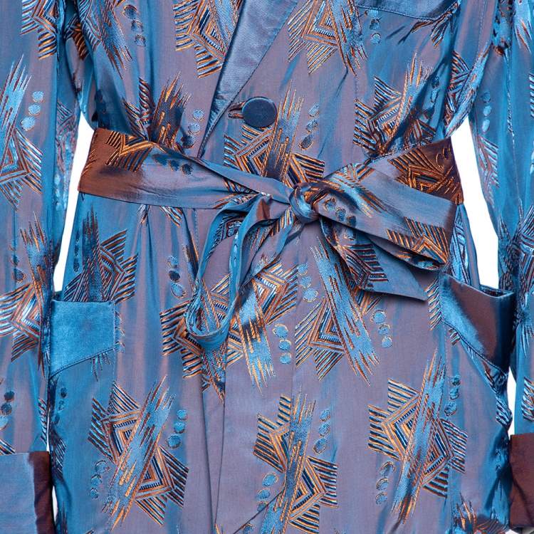 Pre Owned Gucci Blue & Orange Two Toned Jacquard Belted Robe L